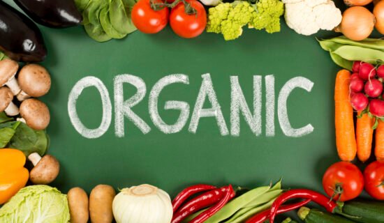 •Image of organic vegetables and fruits •Table comparing organic and conventional foods •Infographic about pesticide exposure