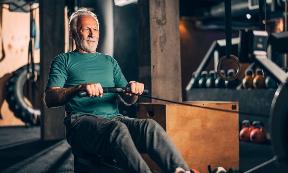 Senior woman lifting dumbbells in a bright gym Comparison chart of exercise types and their impact on senior sleep quality Infographic showing the ideal weight training program for seniors with insomnia.