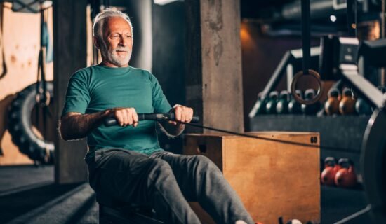 Senior woman lifting dumbbells in a bright gym Comparison chart of exercise types and their impact on senior sleep quality Infographic showing the ideal weight training program for seniors with insomnia.