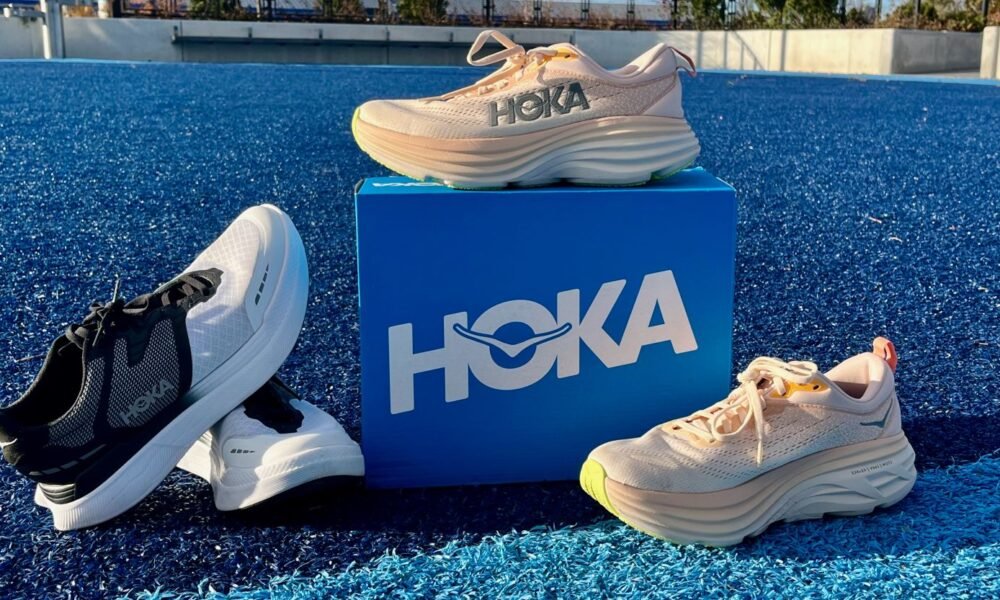 Image of Hoka Bondi shoes on a walking pad Close-up of the Hoka Bondi cushioning midsole Active woman walking with Hoka Bondi shoes indoors