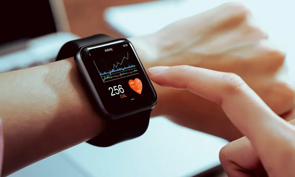 A smartwatch displaying glucose level readings, helping a user manage diabetes in real time.