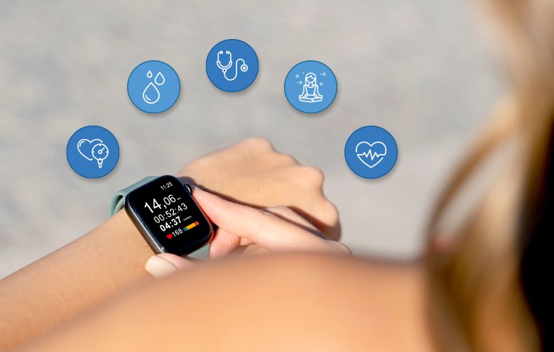 A smartwatch displaying glucose level readings, helping a user manage diabetes in real time.
